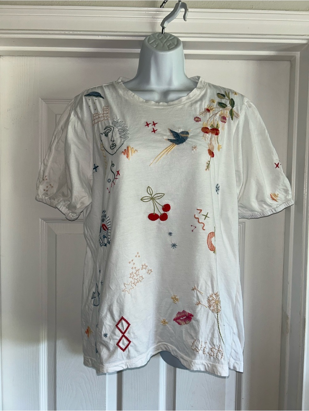 Johnny Was White Tee with Multicolor Embroidered Floral Label